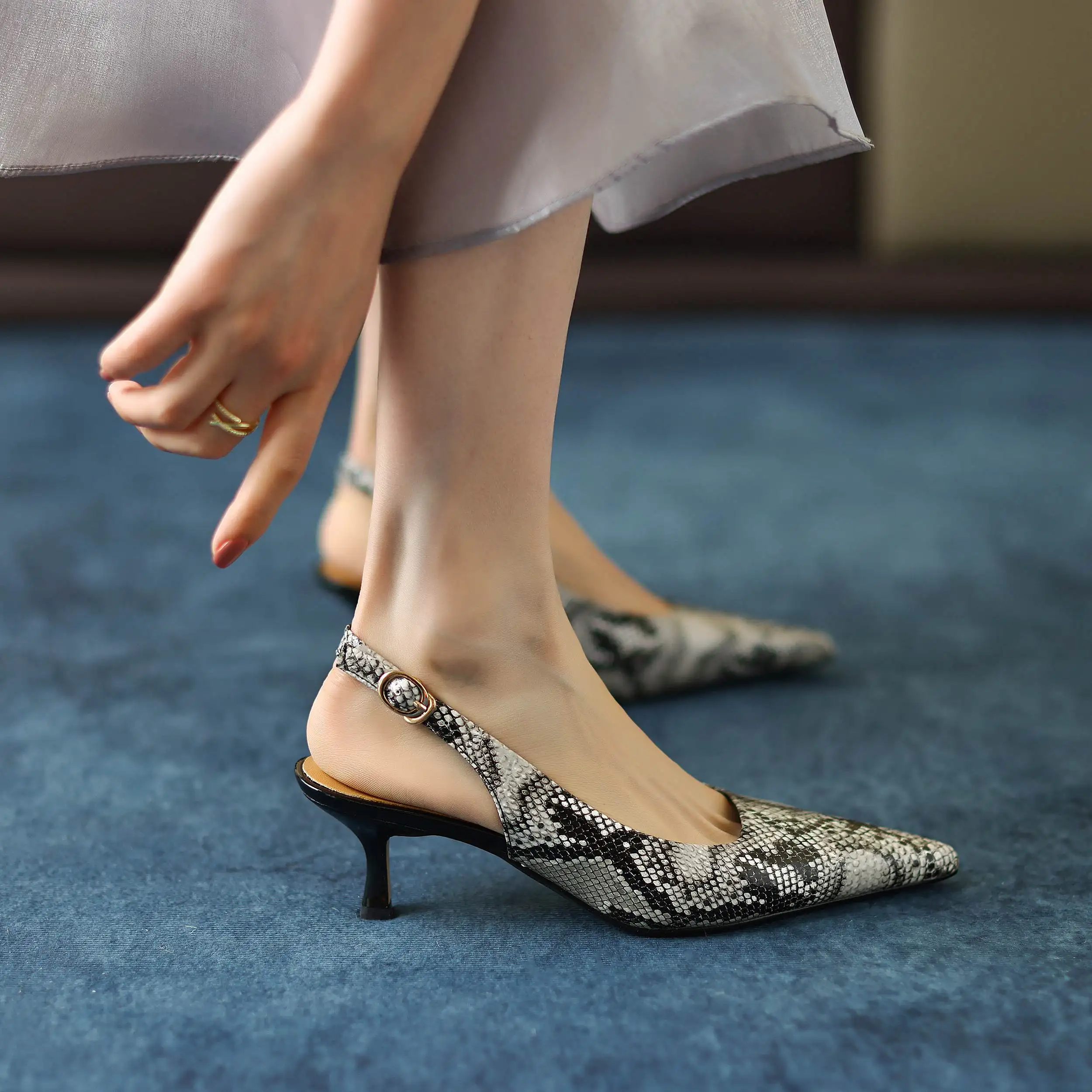Krazing Pot Genuine Leather Snake Patterns Big Size 42 High Heels Pointed Toe Summer Shoes Slingback Buckle Straps Women Pumps