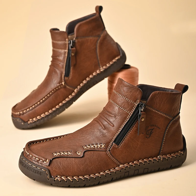 New Mens Genuine Leather Shoes Luxury Slip on Shoe Handmade Ankle Boots Comfortable Winter Fashion Mid Cut Handmade Zipper Shoes