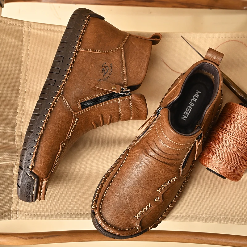 New Mens Genuine Leather Shoes Luxury Slip on Shoe Handmade Ankle Boots Comfortable Winter Fashion Mid Cut Handmade Zipper Shoes