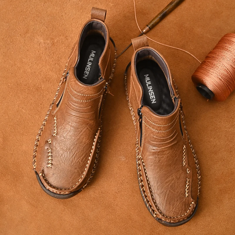 New Mens Genuine Leather Shoes Luxury Slip on Shoe Handmade Ankle Boots Comfortable Winter Fashion Mid Cut Handmade Zipper Shoes
