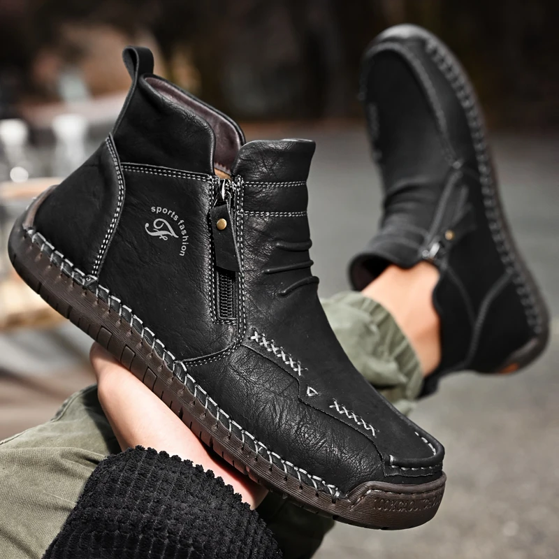 New Mens Genuine Leather Shoes Luxury Slip on Shoe Handmade Ankle Boots Comfortable Winter Fashion Mid Cut Handmade Zipper Shoes