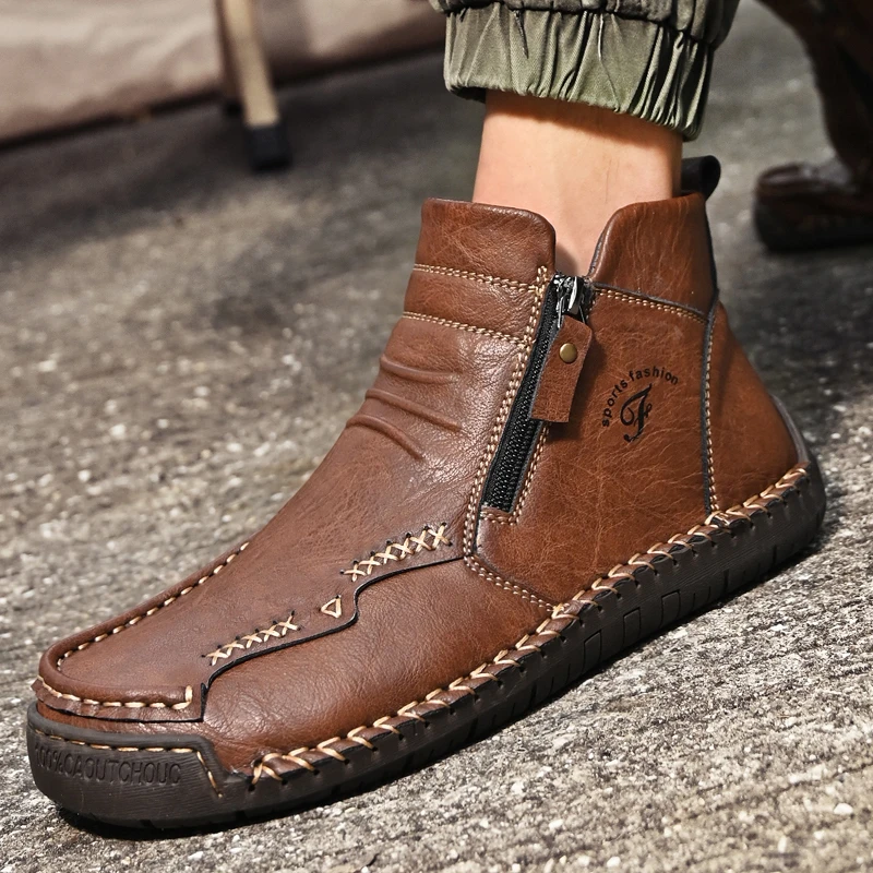 New Mens Genuine Leather Shoes Luxury Slip on Shoe Handmade Ankle Boots Comfortable Winter Fashion Mid Cut Handmade Zipper Shoes