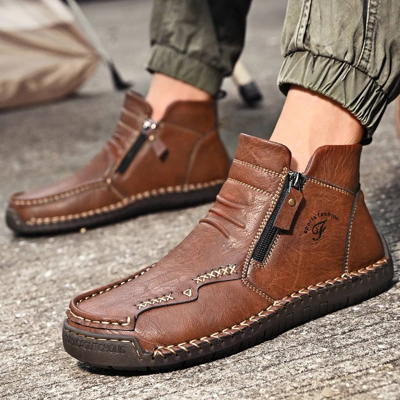 New Mens Genuine Leather Shoes Luxury Slip on Shoe Handmade Ankle Boots Comfortable Winter Fashion Mid Cut Handmade Zipper Shoes