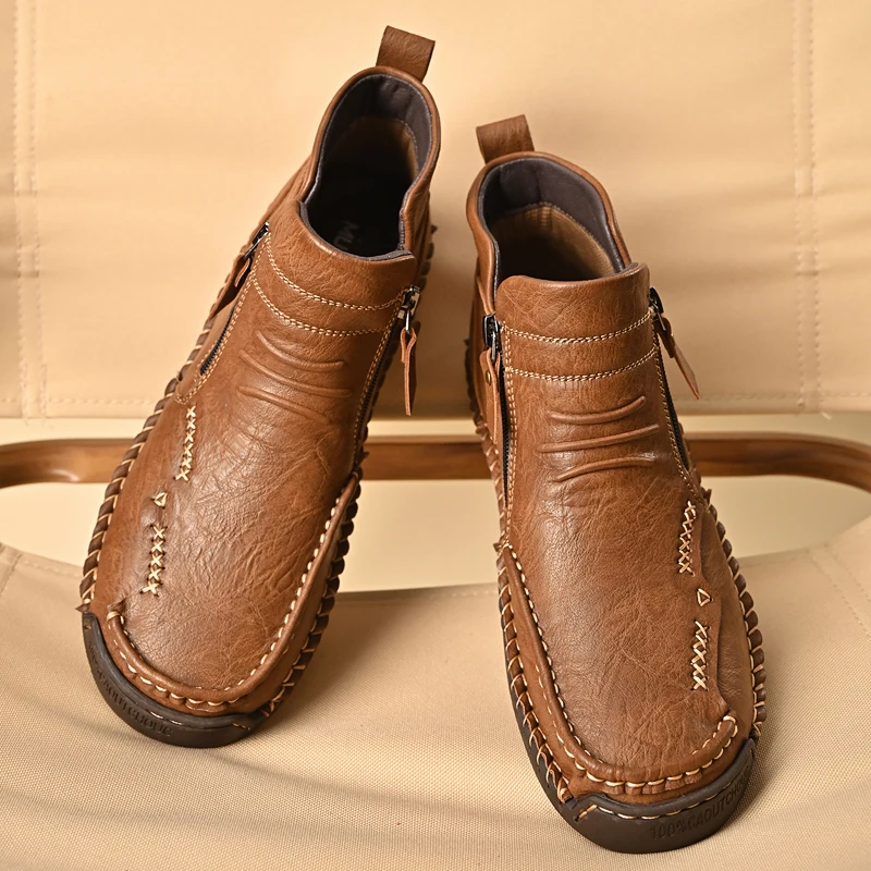 New Mens Genuine Leather Shoes Luxury Slip on Shoe Handmade Ankle Boots Comfortable Winter Fashion Mid Cut Handmade Zipper Shoes