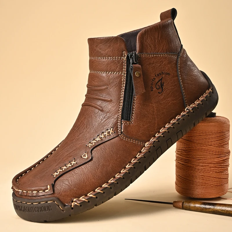 New Mens Genuine Leather Shoes Luxury Slip on Shoe Handmade Ankle Boots Comfortable Winter Fashion Mid Cut Handmade Zipper Shoes