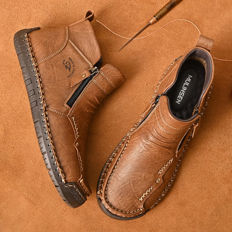 New Mens Genuine Leather Shoes Luxury Slip on Shoe Handmade Ankle Boots Comfortable Winter Fashion Mid Cut Handmade Zipper Shoes