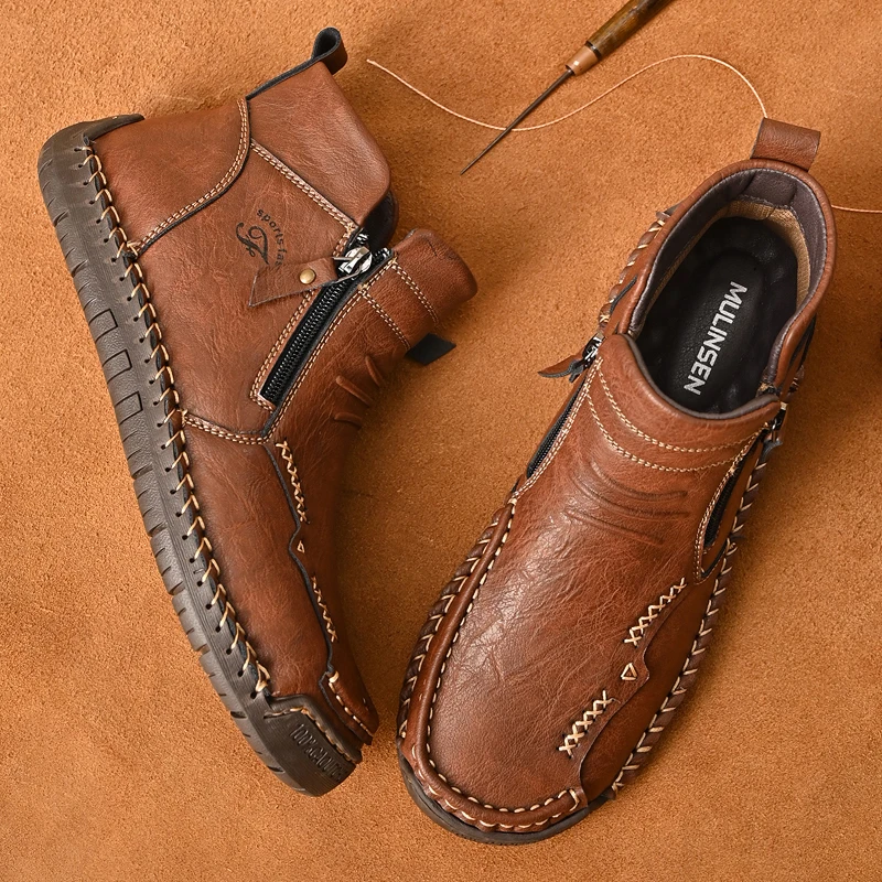 New Mens Genuine Leather Shoes Luxury Slip on Shoe Handmade Ankle Boots Comfortable Winter Fashion Mid Cut Handmade Zipper Shoes