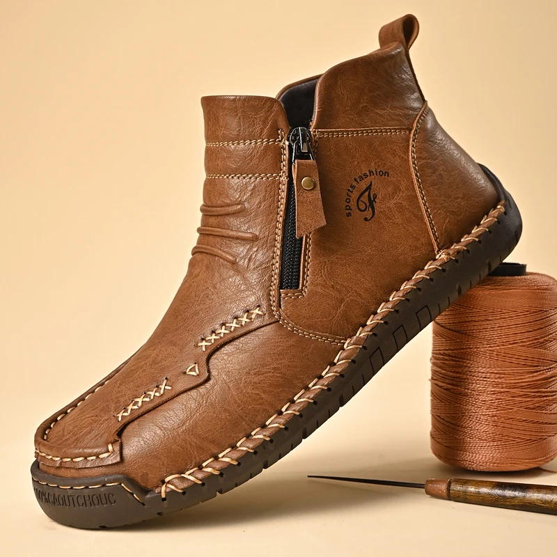 New Mens Genuine Leather Shoes Luxury Slip on Shoe Handmade Ankle Boots Comfortable Winter Fashion Mid Cut Handmade Zipper Shoes