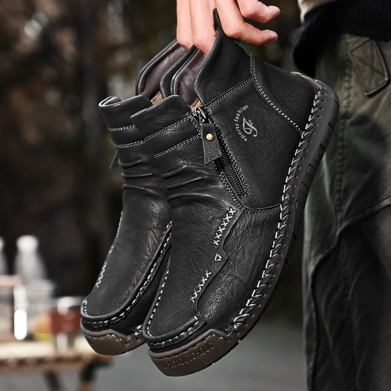 New Mens Genuine Leather Shoes Luxury Slip on Shoe Handmade Ankle Boots Comfortable Winter Fashion Mid Cut Handmade Zipper Shoes