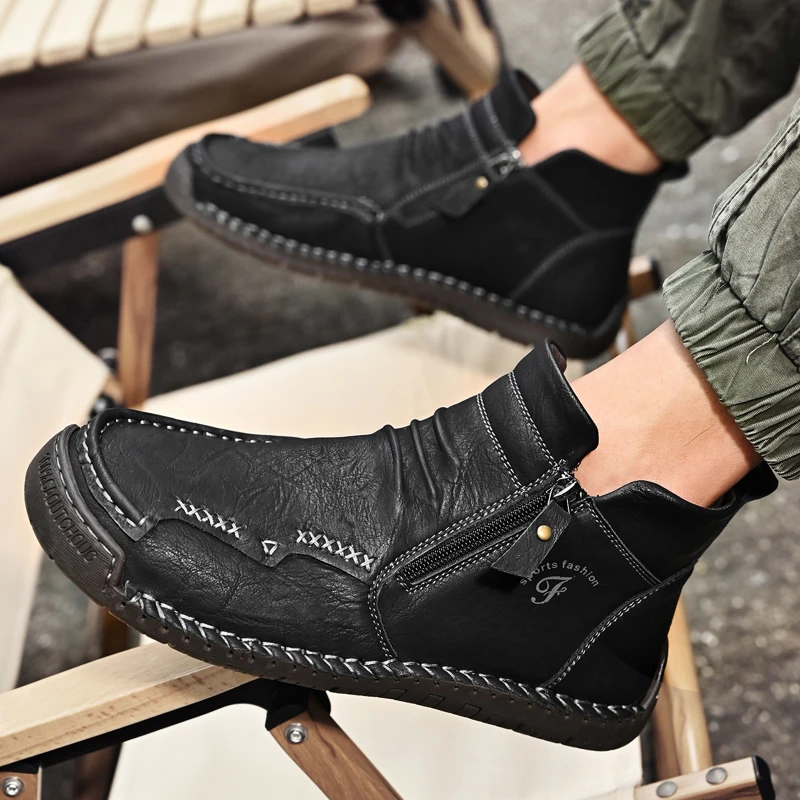 New Mens Genuine Leather Shoes Luxury Slip on Shoe Handmade Ankle Boots Comfortable Winter Fashion Mid Cut Handmade Zipper Shoes