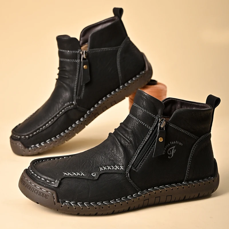 New Mens Genuine Leather Shoes Luxury Slip on Shoe Handmade Ankle Boots Comfortable Winter Fashion Mid Cut Handmade Zipper Shoes