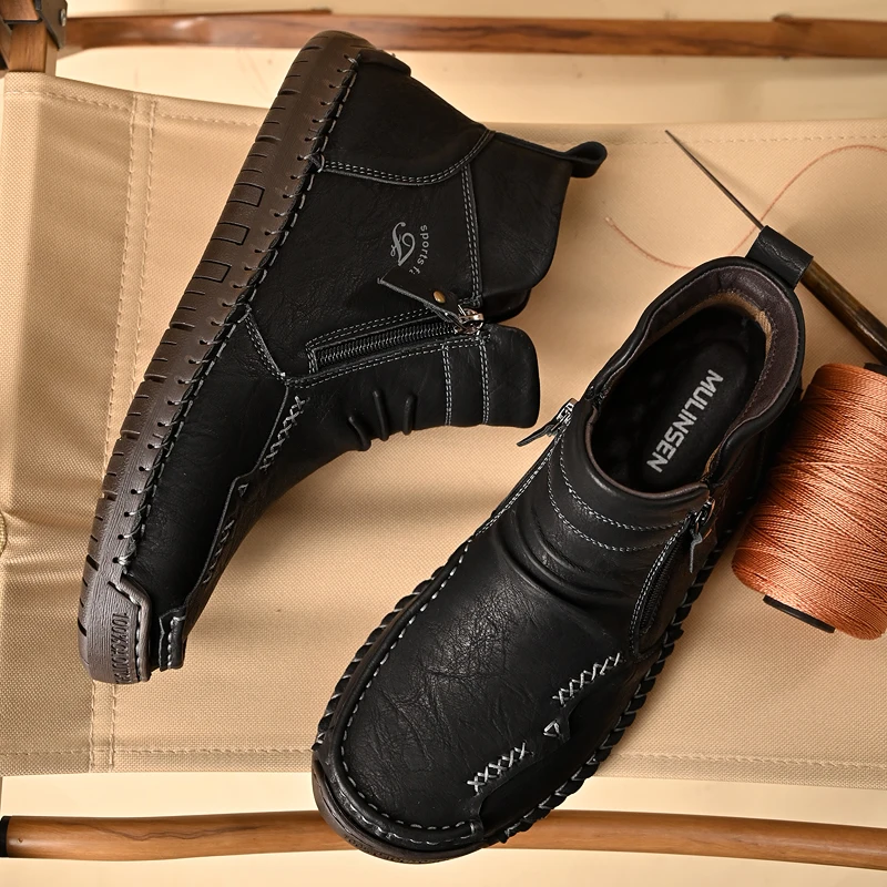 New Mens Genuine Leather Shoes Luxury Slip on Shoe Handmade Ankle Boots Comfortable Winter Fashion Mid Cut Handmade Zipper Shoes