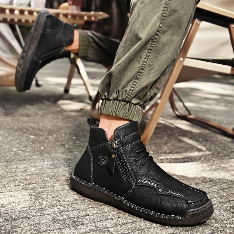 New Mens Genuine Leather Shoes Luxury Slip on Shoe Handmade Ankle Boots Comfortable Winter Fashion Mid Cut Handmade Zipper Shoes