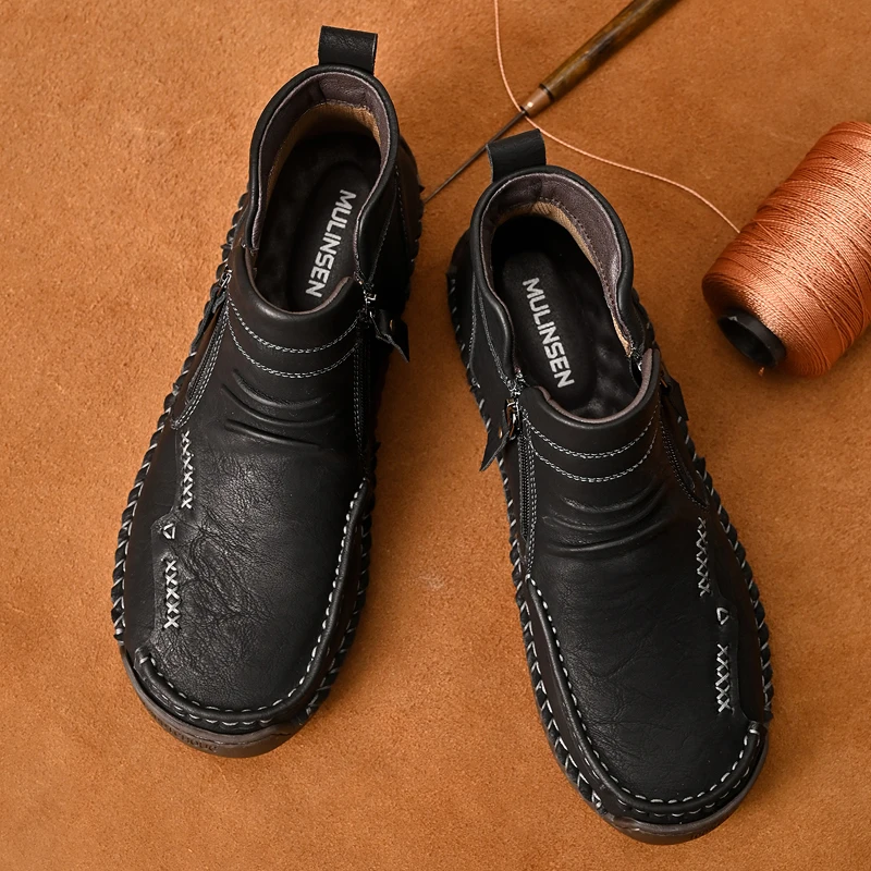 New Mens Genuine Leather Shoes Luxury Slip on Shoe Handmade Ankle Boots Comfortable Winter Fashion Mid Cut Handmade Zipper Shoes