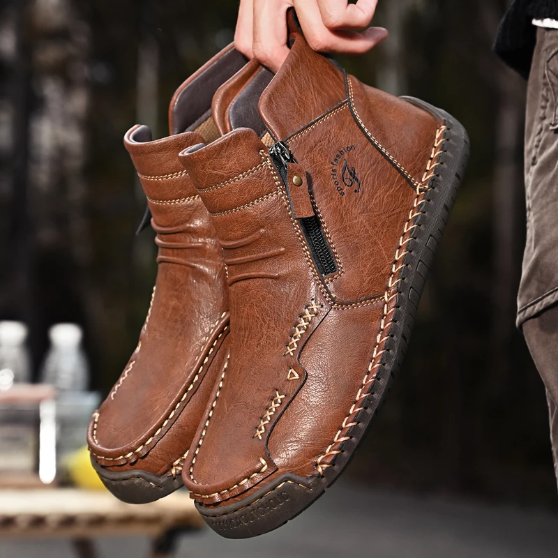 New Mens Genuine Leather Shoes Luxury Slip on Shoe Handmade Ankle Boots Comfortable Winter Fashion Mid Cut Handmade Zipper Shoes