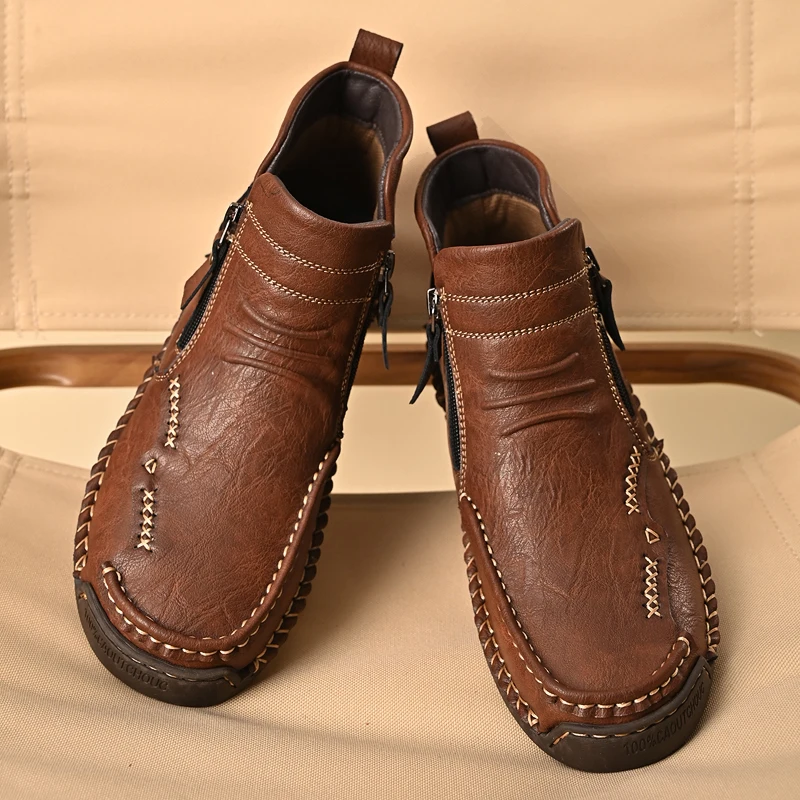New Mens Genuine Leather Shoes Luxury Slip on Shoe Handmade Ankle Boots Comfortable Winter Fashion Mid Cut Handmade Zipper Shoes