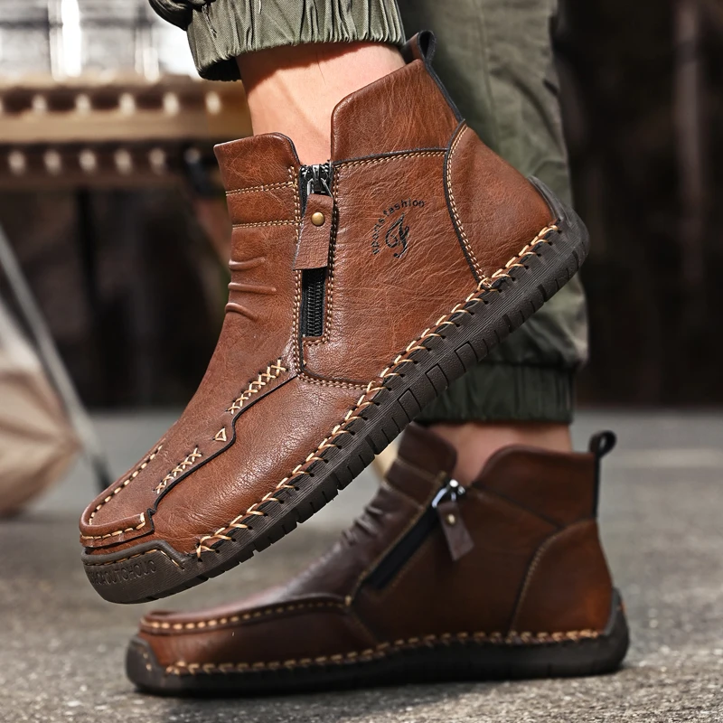 New Mens Genuine Leather Shoes Luxury Slip on Shoe Handmade Ankle Boots Comfortable Winter Fashion Mid Cut Handmade Zipper Shoes