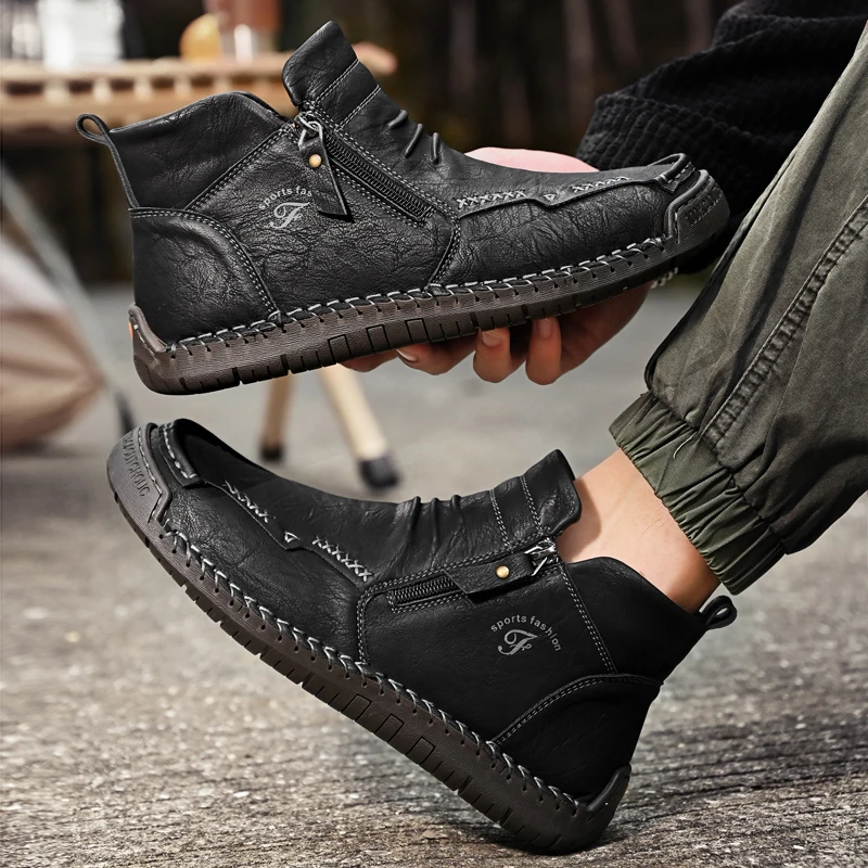 New Mens Genuine Leather Shoes Luxury Slip on Shoe Handmade Ankle Boots Comfortable Winter Fashion Mid Cut Handmade Zipper Shoes