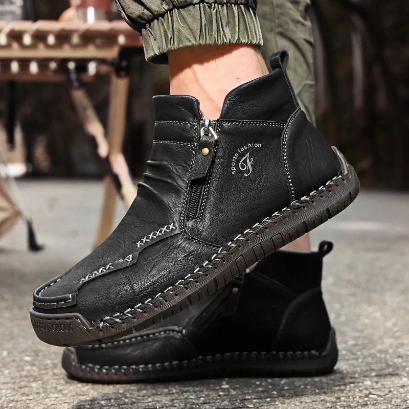 New Mens Genuine Leather Shoes Luxury Slip on Shoe Handmade Ankle Boots Comfortable Winter Fashion Mid Cut Handmade Zipper Shoes