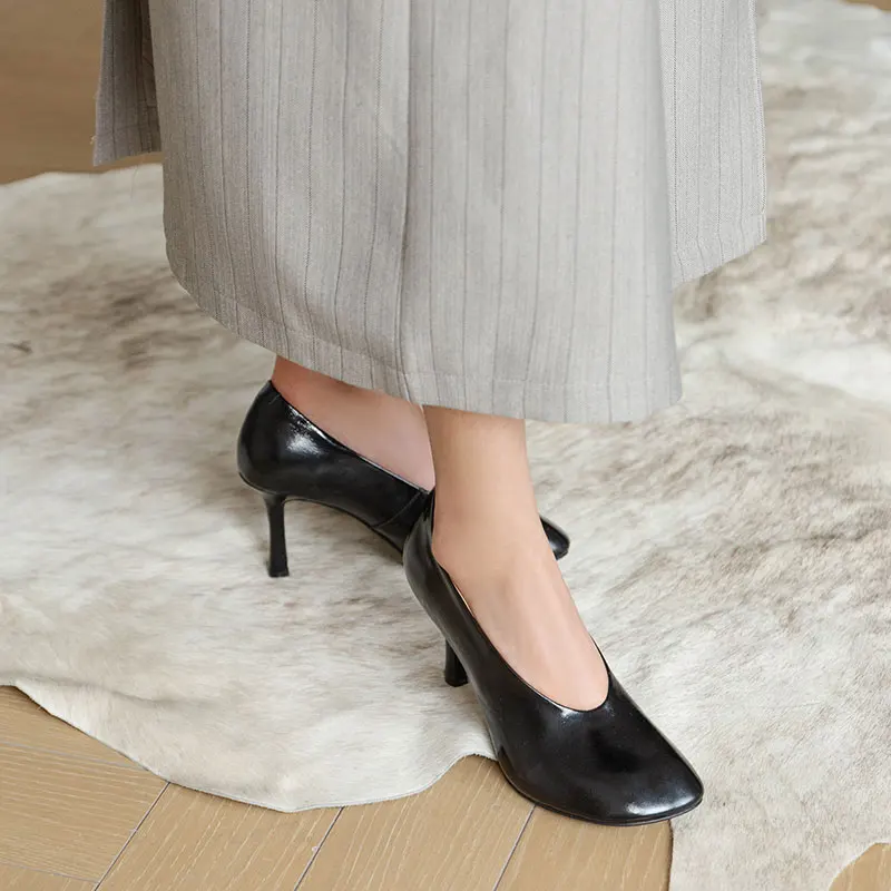 Woman Shoes Sexy Heeled For Retro Pumps French Style Leather Pumps Slip On European Spring High Heels Handmade Vintag Dress Pump
