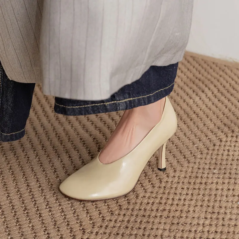 Woman Shoes Sexy Heeled For Retro Pumps French Style Leather Pumps Slip On European Spring High Heels Handmade Vintag Dress Pump