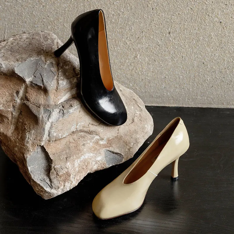 Woman Shoes Sexy Heeled For Retro Pumps French Style Leather Pumps Slip On European Spring High Heels Handmade Vintag Dress Pump