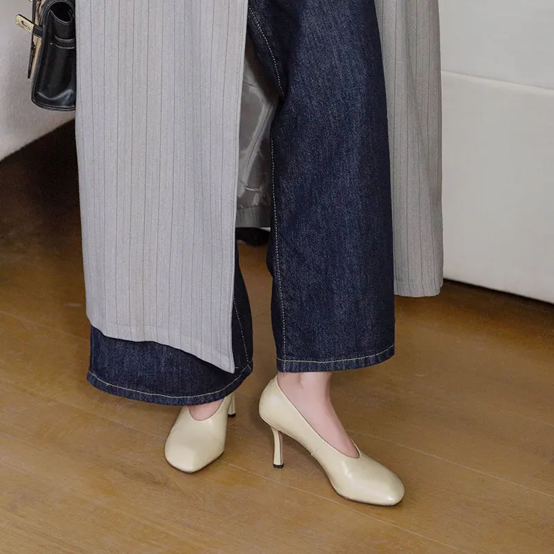 Woman Shoes Sexy Heeled For Retro Pumps French Style Leather Pumps Slip On European Spring High Heels Handmade Vintag Dress Pump