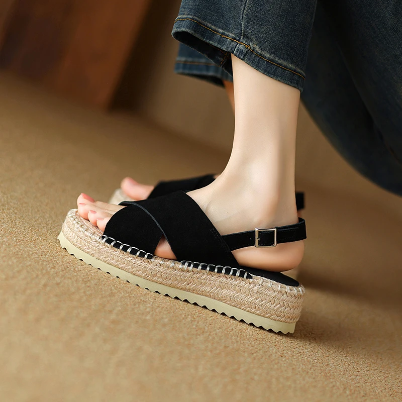 Petite Feet Women Espadrilles T-Strap Sandals Lady Platform Black Khaki Cow Suede Open Toe Dress Shoes Plus Size 43 SmallHut-908