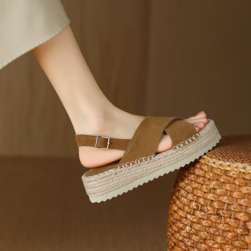 Petite Feet Women Espadrilles T-Strap Sandals Lady Platform Black Khaki Cow Suede Open Toe Dress Shoes Plus Size 43 SmallHut-908