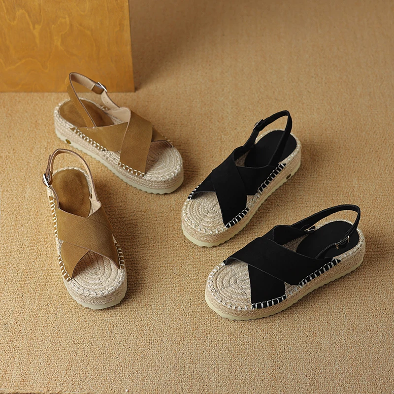 Petite Feet Women Espadrilles T-Strap Sandals Lady Platform Black Khaki Cow Suede Open Toe Dress Shoes Plus Size 43 SmallHut-908