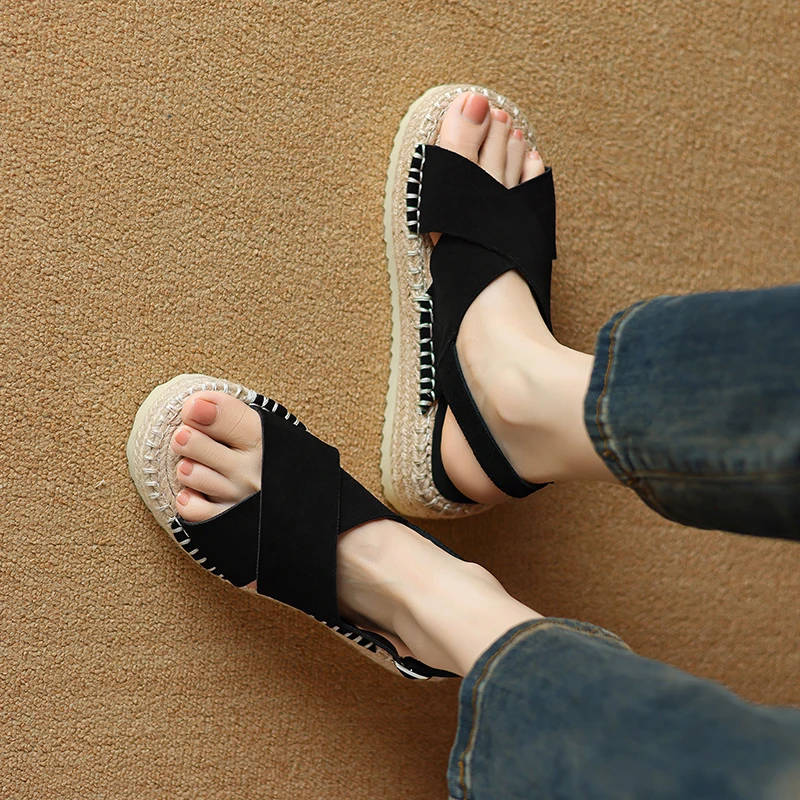 Petite Feet Women Espadrilles T-Strap Sandals Lady Platform Black Khaki Cow Suede Open Toe Dress Shoes Plus Size 43 SmallHut-908