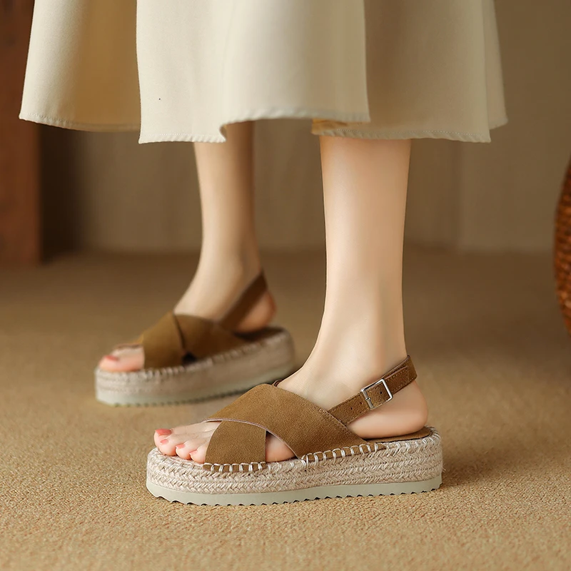 Petite Feet Women Espadrilles T-Strap Sandals Lady Platform Black Khaki Cow Suede Open Toe Dress Shoes Plus Size 43 SmallHut-908