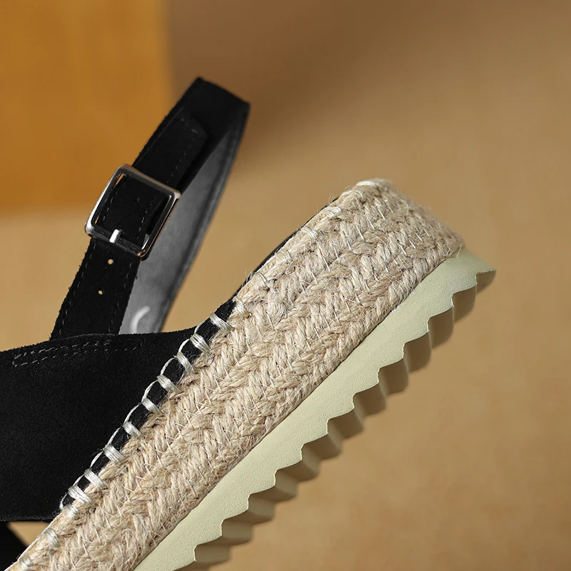 Petite Feet Women Espadrilles T-Strap Sandals Lady Platform Black Khaki Cow Suede Open Toe Dress Shoes Plus Size 43 SmallHut-908
