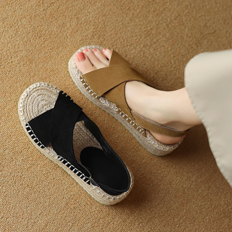 Petite Feet Women Espadrilles T-Strap Sandals Lady Platform Black Khaki Cow Suede Open Toe Dress Shoes Plus Size 43 SmallHut-908