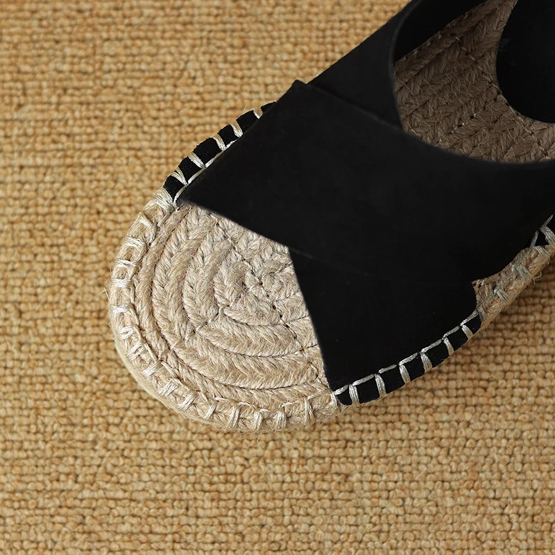 Petite Feet Women Espadrilles T-Strap Sandals Lady Platform Black Khaki Cow Suede Open Toe Dress Shoes Plus Size 43 SmallHut-908