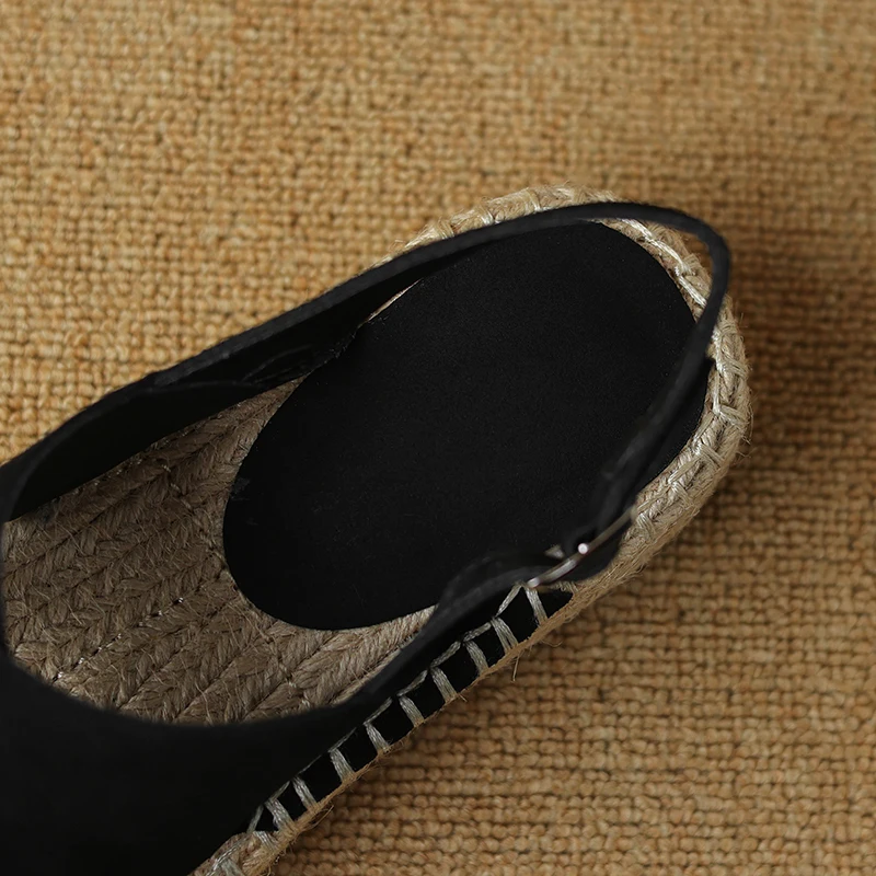 Petite Feet Women Espadrilles T-Strap Sandals Lady Platform Black Khaki Cow Suede Open Toe Dress Shoes Plus Size 43 SmallHut-908