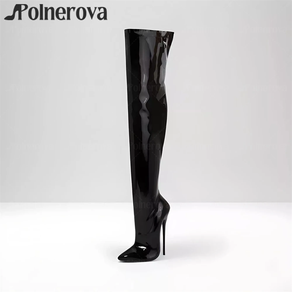 16cm Stiletto over the Knee Boots Black Patent Leather Pointed Toe Sexy Boots Designer Style Women's Large Size High Heel Boots