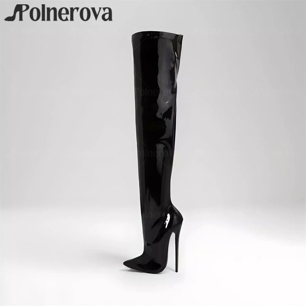 16cm Stiletto over the Knee Boots Black Patent Leather Pointed Toe Sexy Boots Designer Style Women's Large Size High Heel Boots