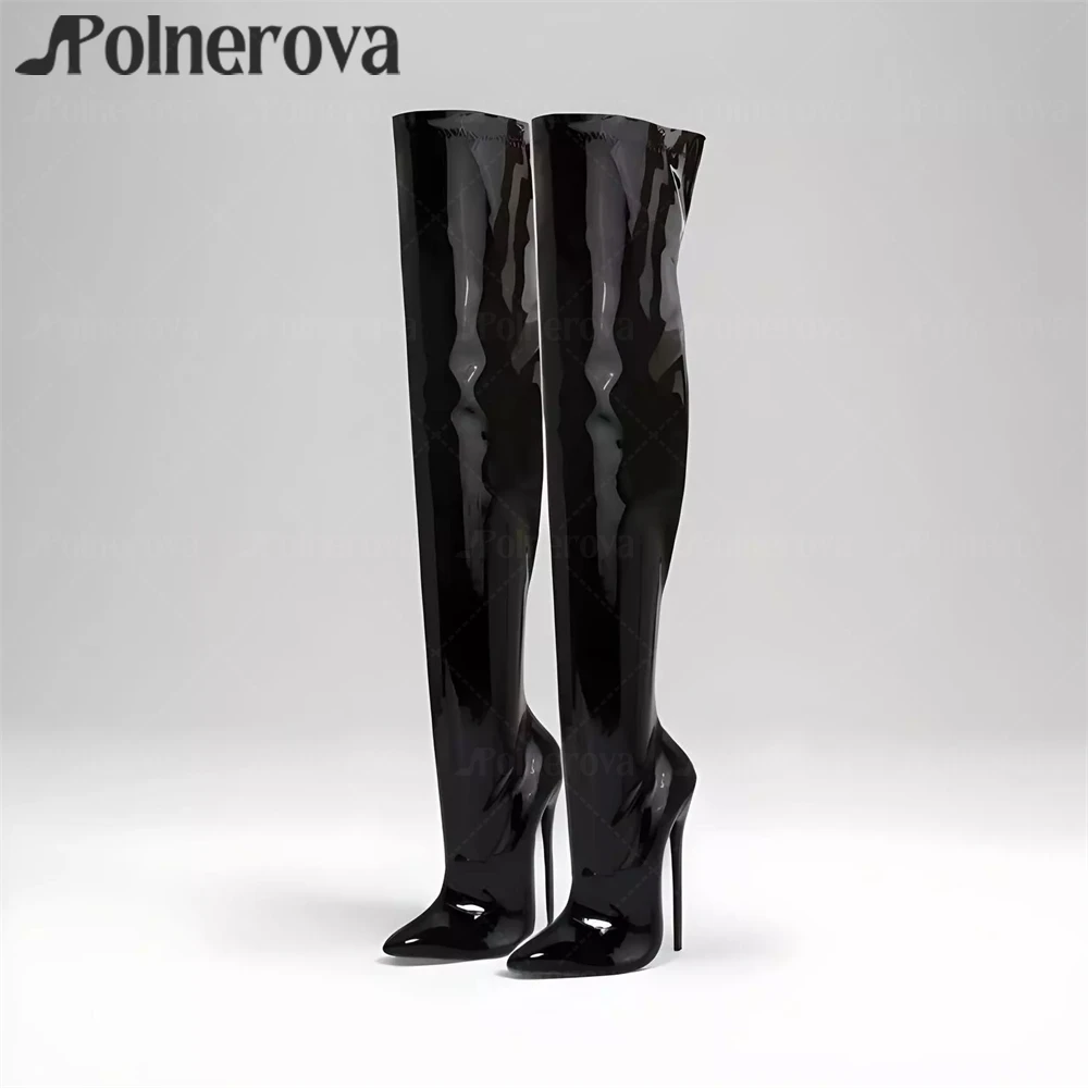 16cm Stiletto over the Knee Boots Black Patent Leather Pointed Toe Sexy Boots Designer Style Women's Large Size High Heel Boots