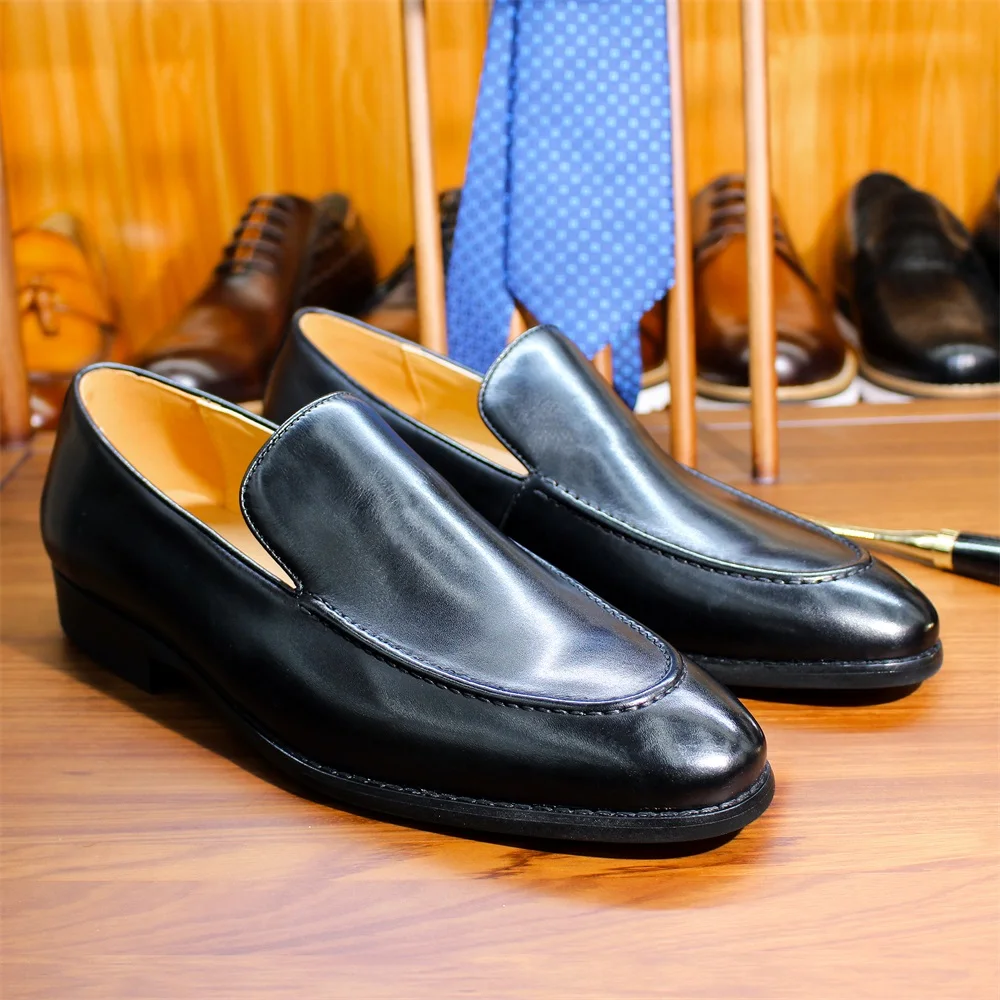 Handmade Genuine Leather Men's Loafers Pointed Toe Fashion Shoes for Social Formal Wedding Dress Pure Style