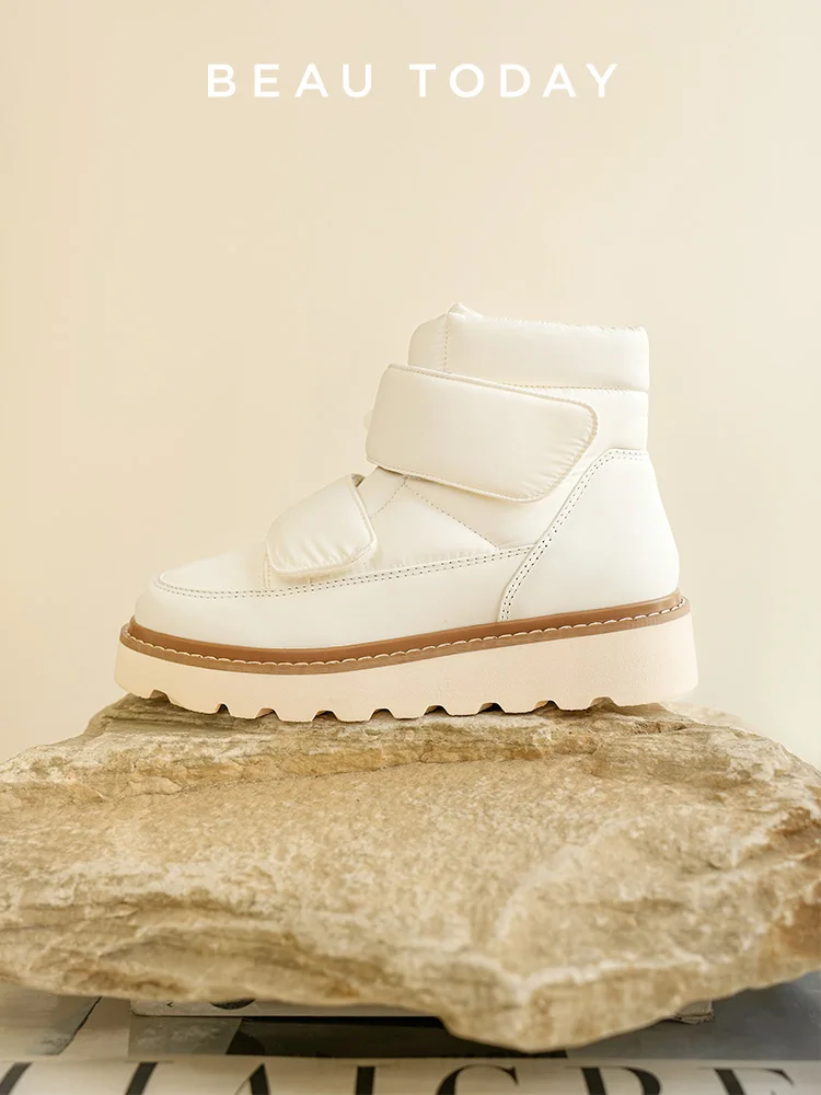 BEAUTODAY Ankle Boots Women Down Fabric Round Toe Solid Color Platform Hook and Loop Non-slip Winter Snow Boots Handmade 08064