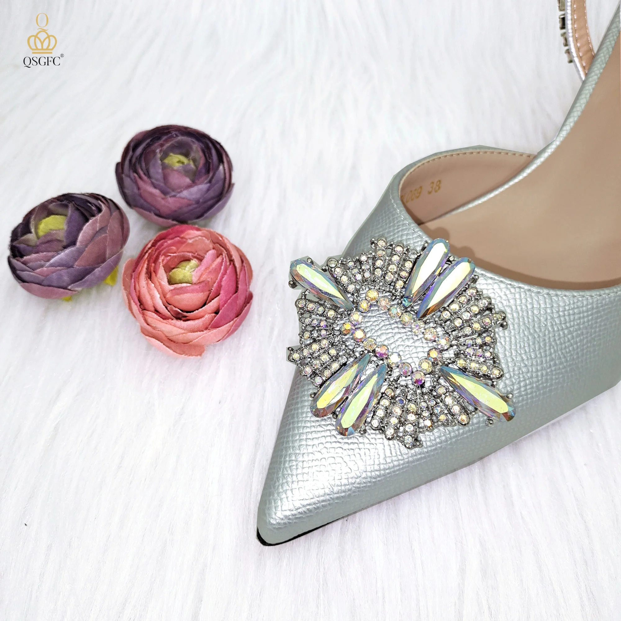 QSGFC High Quality Women's Pumps And Bag Silver Color Full Of Rhinestones High-Grade Materials For Nigerian Wedding Party