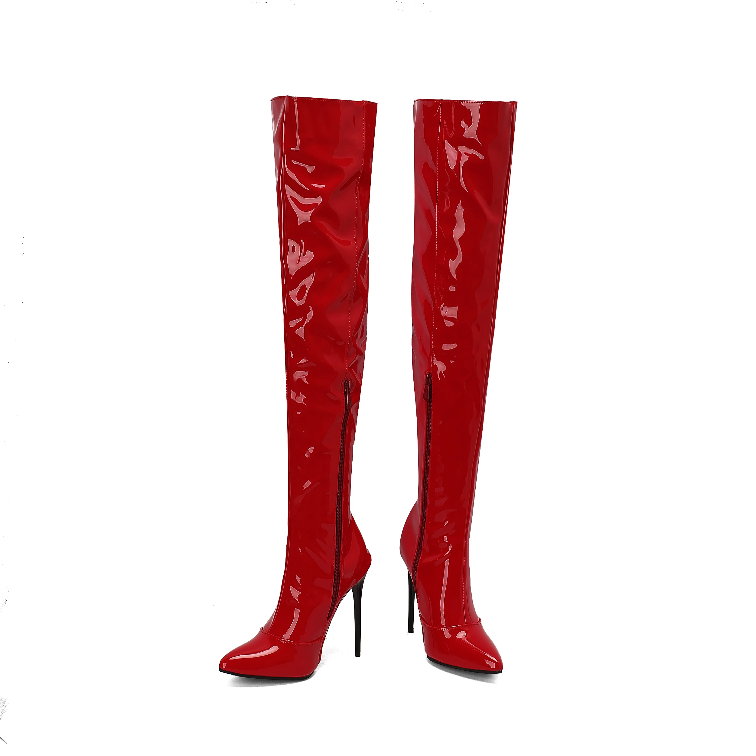 Women Red Patent Leather Thigh High Boots Stiletto Heel Over Knee Zipper Pointed Toe Party Club Shoes