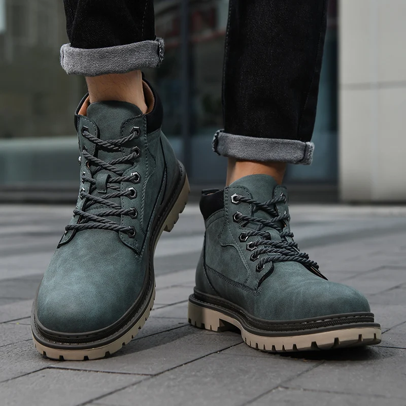 Large Size Handmade Men's Boots, Fashionable Ankle Boots, Retro Lace-Up High-Top Boots, Winter Leather Shoes, Autumn Outdoor Hiking Boots, Sneakers, Hombres, Botas High-Top Shoes, Non-Slip