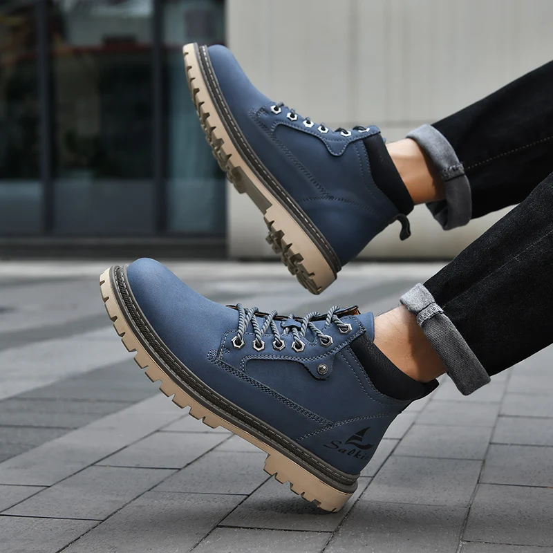 Large Size Handmade Men's Boots, Fashionable Ankle Boots, Retro Lace-Up High-Top Boots, Winter Leather Shoes, Autumn Outdoor Hiking Boots, Sneakers, Hombres, Botas High-Top Shoes, Non-Slip
