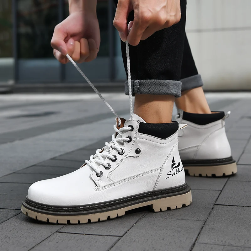Large Size Handmade Men's Boots, Fashionable Ankle Boots, Retro Lace-Up High-Top Boots, Winter Leather Shoes, Autumn Outdoor Hiking Boots, Sneakers, Hombres, Botas High-Top Shoes, Non-Slip