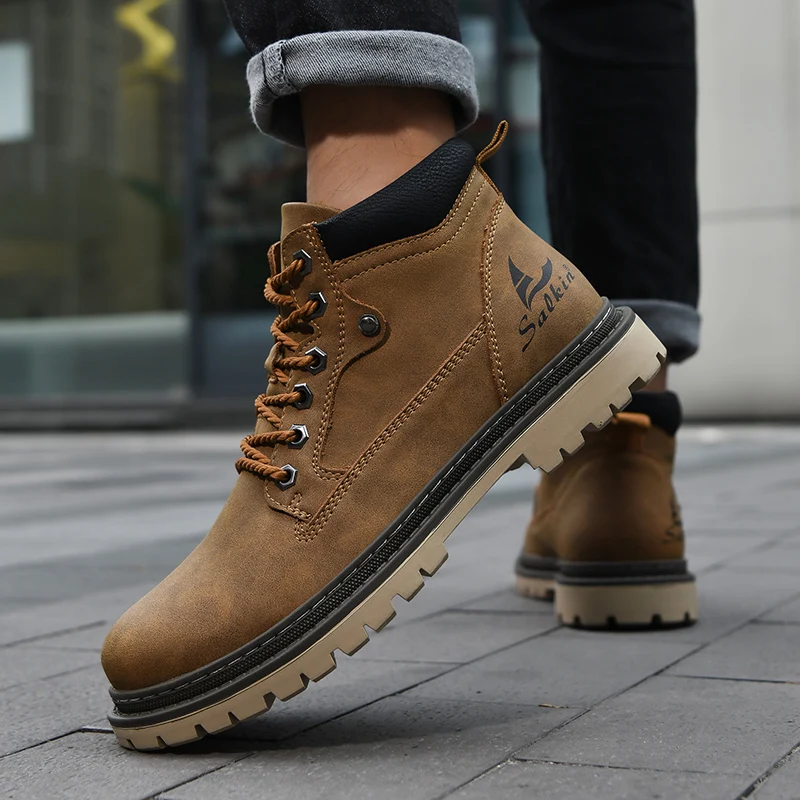 Large Size Handmade Men's Boots, Fashionable Ankle Boots, Retro Lace-Up High-Top Boots, Winter Leather Shoes, Autumn Outdoor Hiking Boots, Sneakers, Hombres, Botas High-Top Shoes, Non-Slip