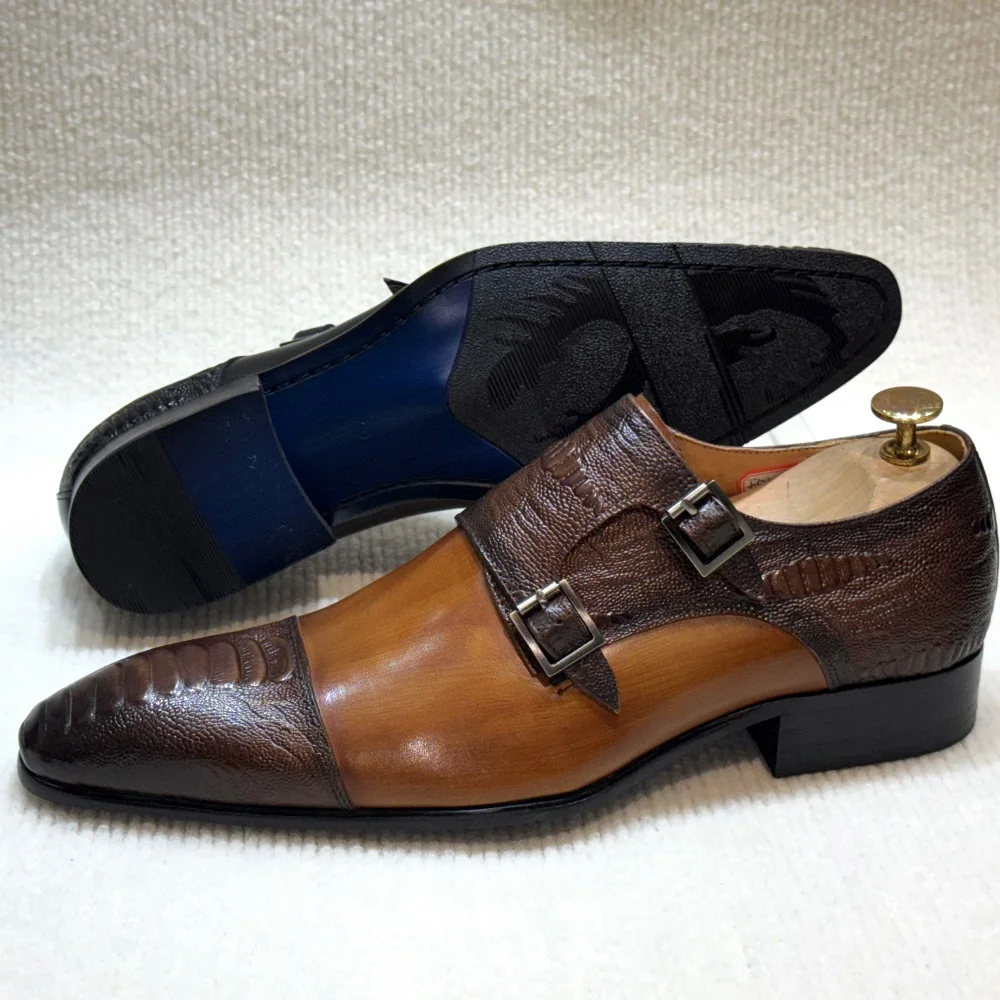 Men's Handmade Brown Monk Shoes Double Buckle Genuine Cow Leather Luxury Wedding Business Formal Basic Men's Footwear