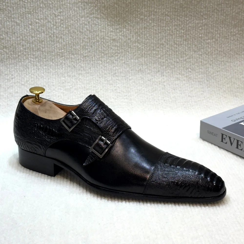 Men's Handmade Brown Monk Shoes Double Buckle Genuine Cow Leather Luxury Wedding Business Formal Basic Men's Footwear