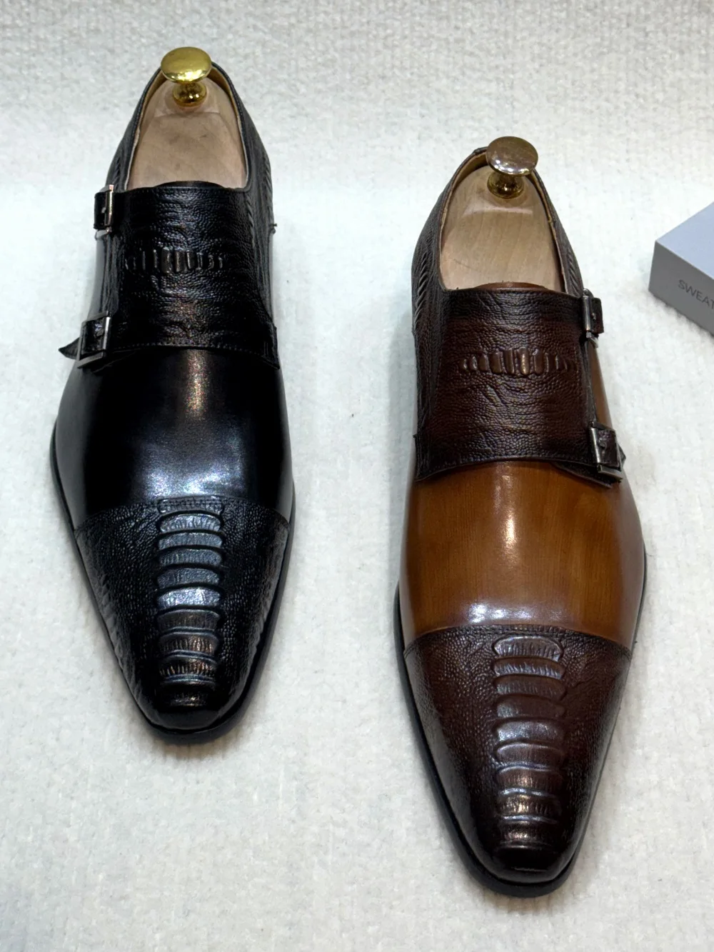 Men's Handmade Brown Monk Shoes Double Buckle Genuine Cow Leather Luxury Wedding Business Formal Basic Men's Footwear